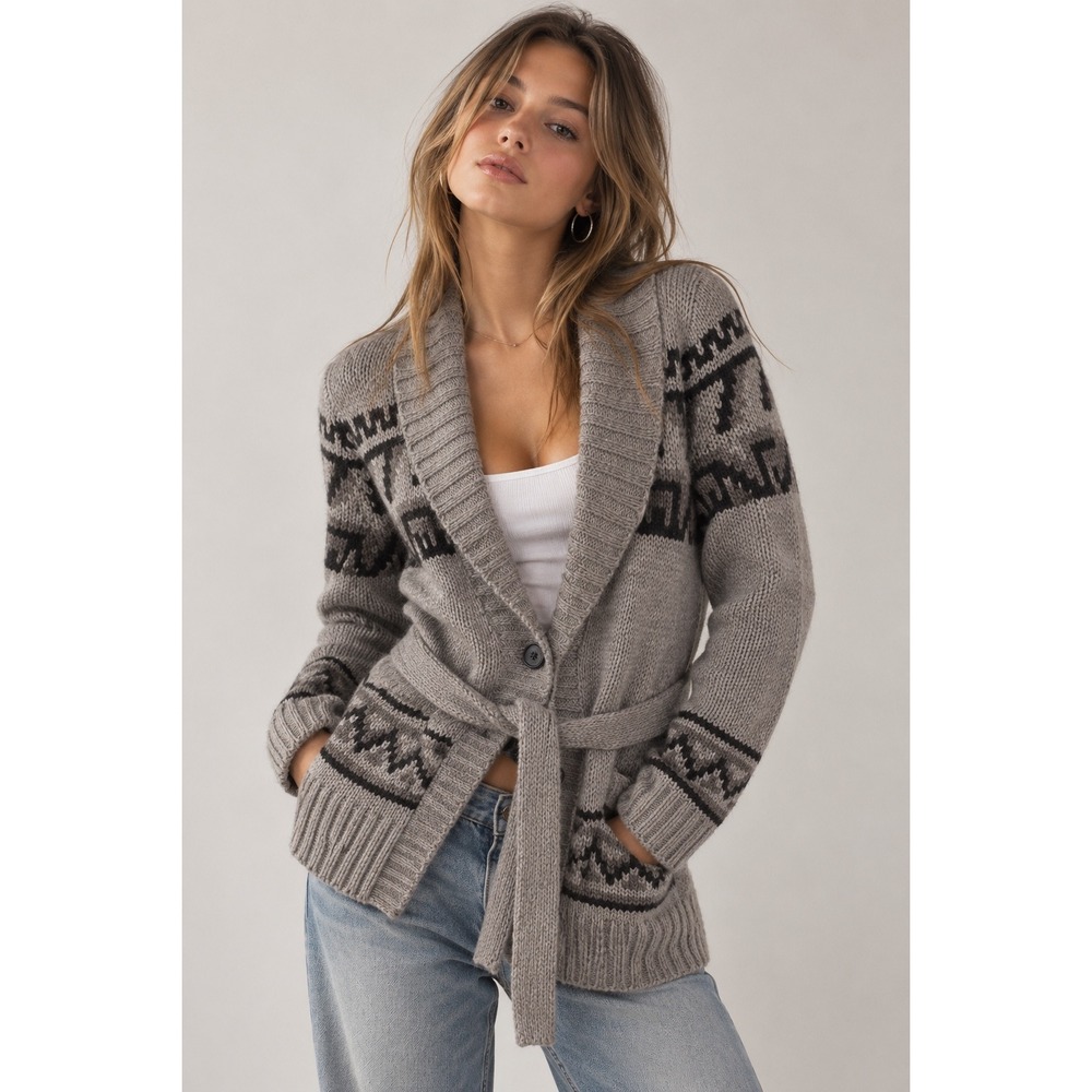 Bass Women XS Gray Belted Wool Blend Y2K Fair Isle Nordic Longline Cardigan